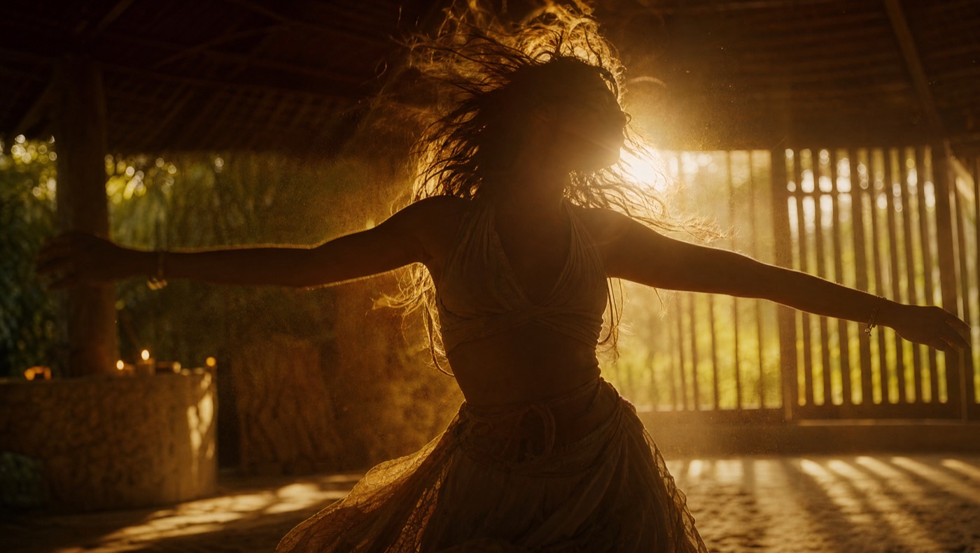 Ecstatic embodiment dance in golden light