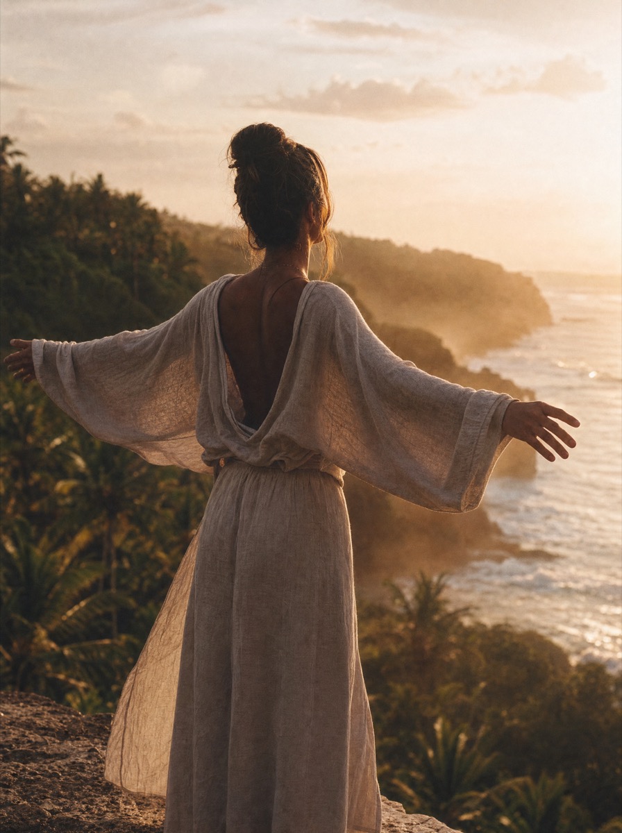 A woman breathing at sunrise on a Bali cliff